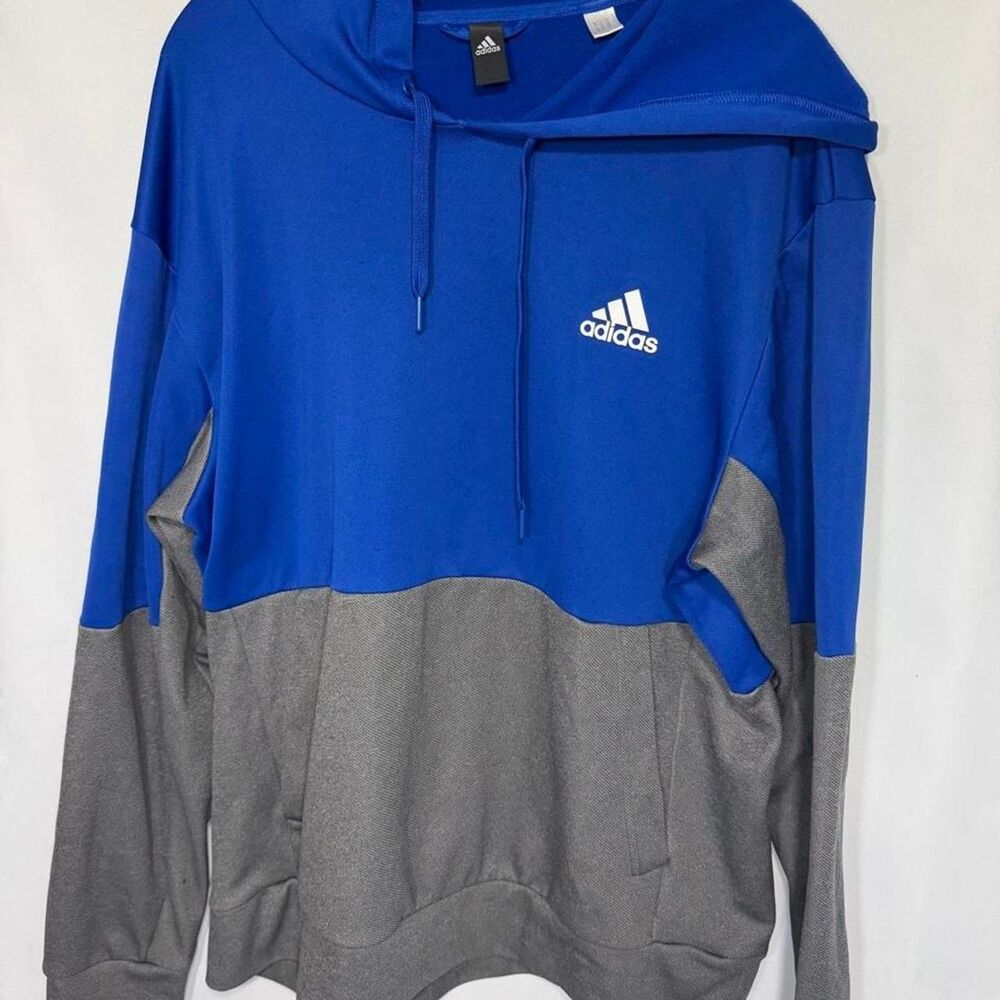 Adidas Men's XL Blue and Grey Colorblock Pullover Drawstring Hoodie